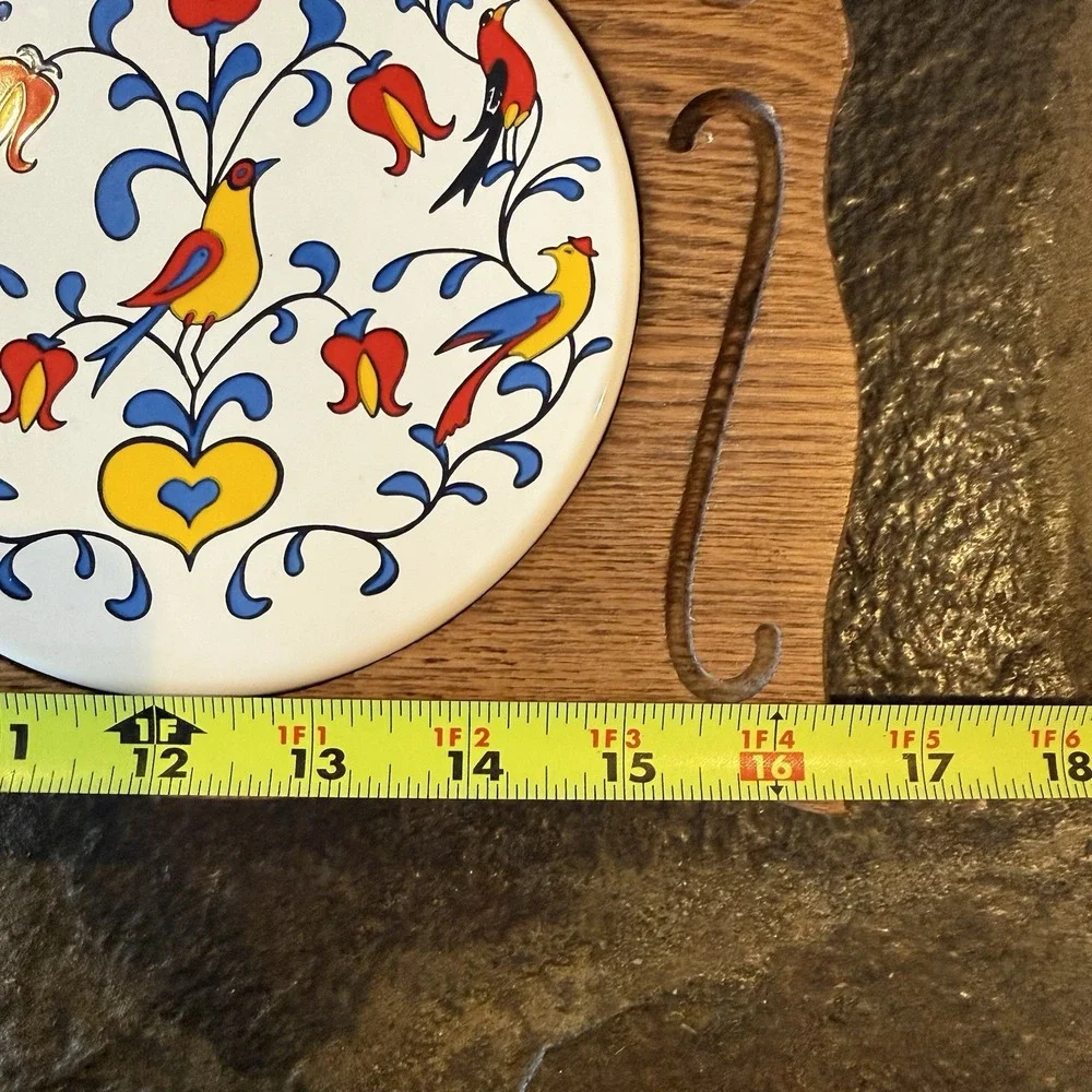 Vintage Pennsylvania Dutch Folk Art Double Tile Wood Trivet Distelfink Bird Hex